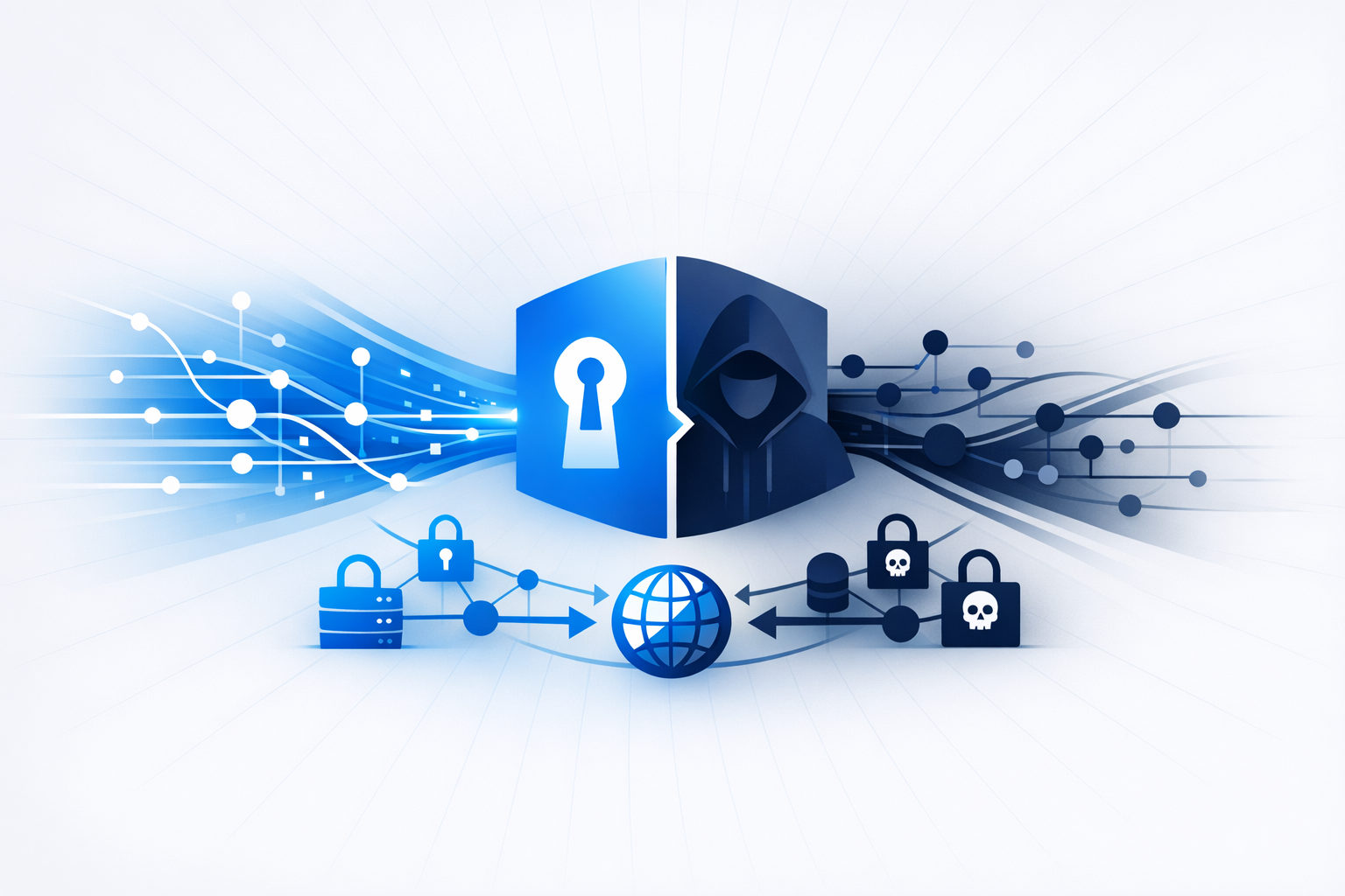 Cybersecurity illustration showing a padlock and hacker silhouette
